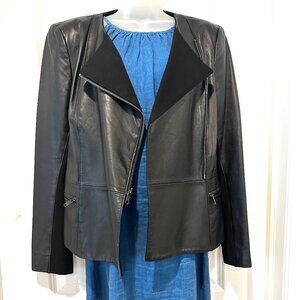 DKNY Black Side Zip 100% Lambskin Leather Jacket w/Fabric Trim, Size M